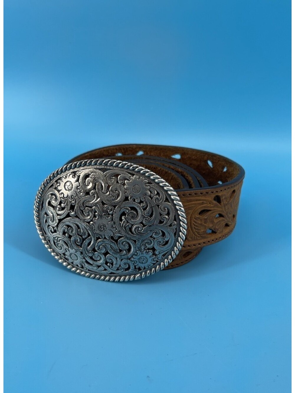 Tony Lama Women's PIERCED FILAGREE Belt W/Buckle Size 36 Aged Bark Brown